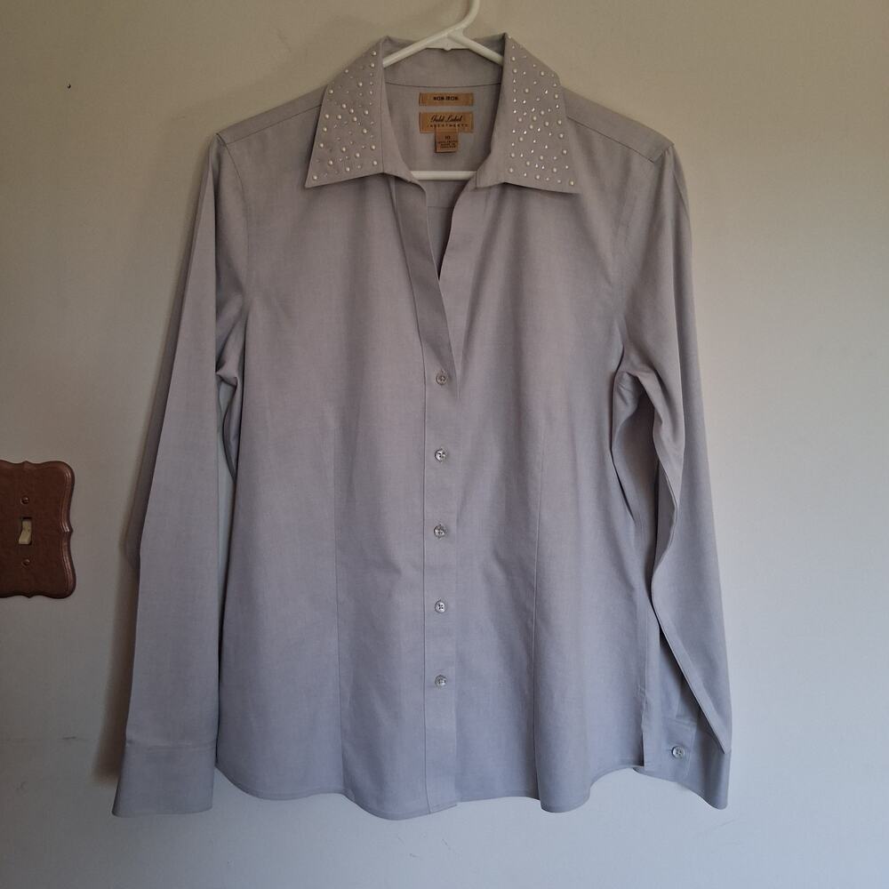 Gold Label Investments Womens 10 Light Blue Pearl Rhinestone Collar Button Down